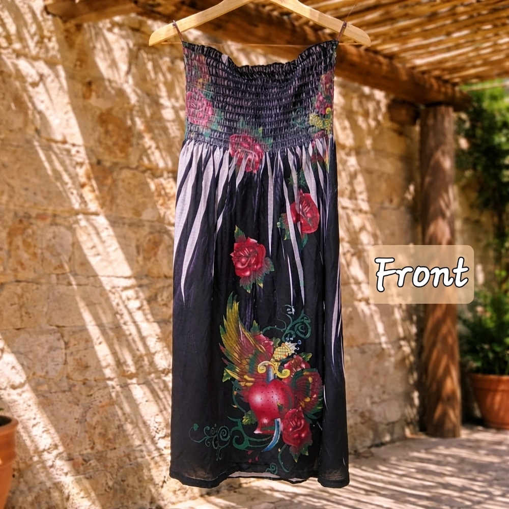 Ocean Breeze Black Floral Strapless Smocked Boho Summer Mini Dress Small - Picture 4 of 12